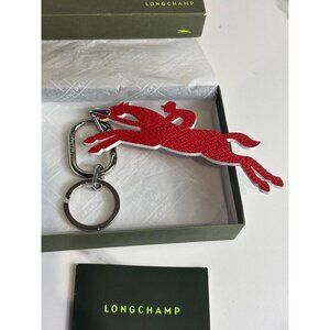 Longchamp Red Horse Key Holder Leather Keychain Bag Charm Accessory New in Box
